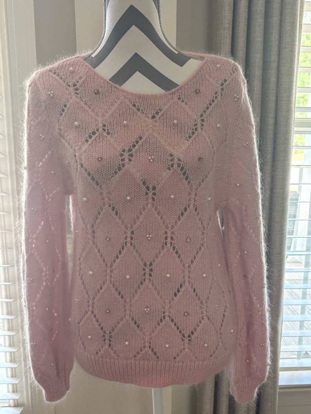 Sezane Blush Pink Beaded Openwork Mohair Sweater